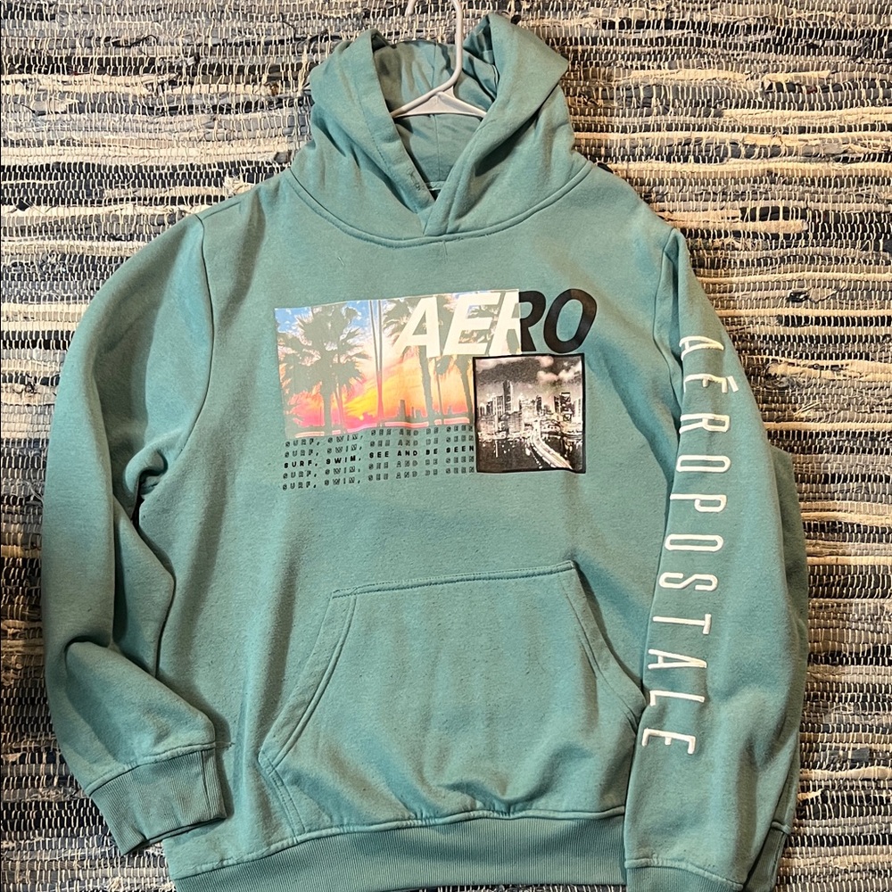Aeropostale Teal Graphic Hoodie with Sunset Print
